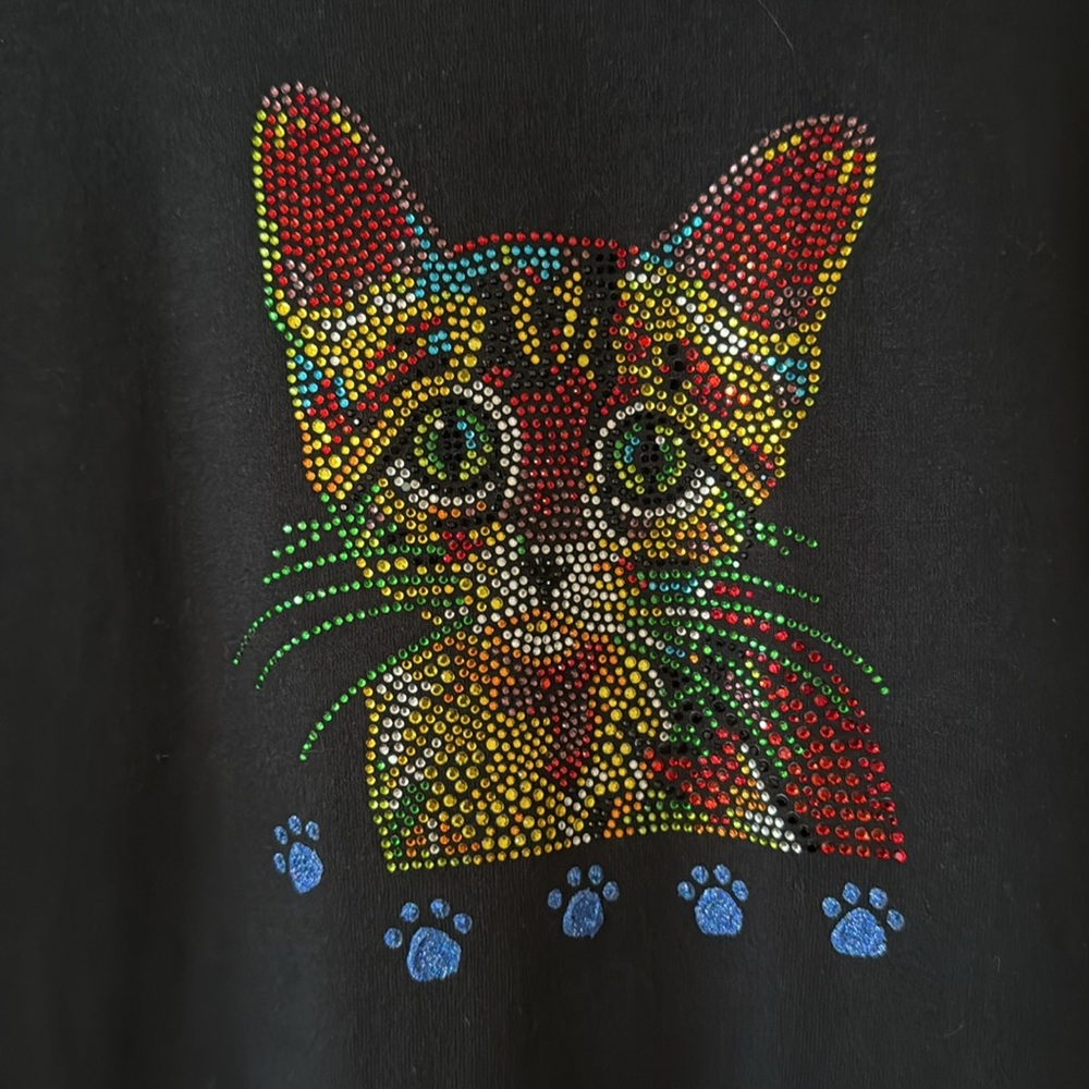 Jerzees Rhinestone Colorful Bling Kitty Cat Black Tee Shirt Size L Short Sleeves